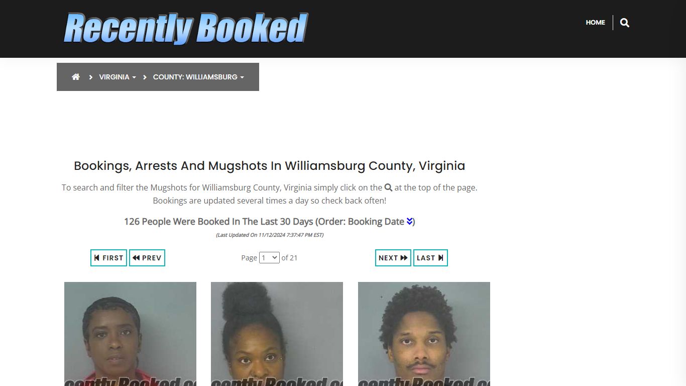 Bookings, Arrests and Mugshots in Williamsburg County, Virginia