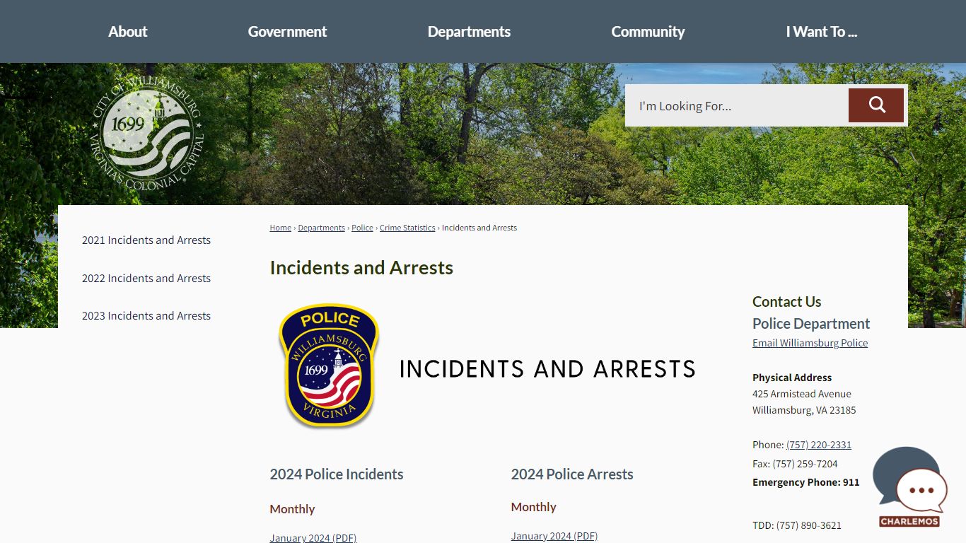 Incidents and Arrests - Williamsburg, VA